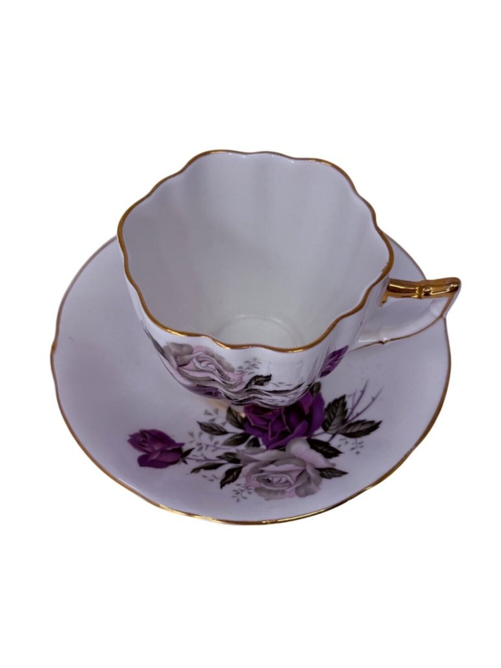 Vintage Royal London Bone China Purple Gold Rose Teacup Saucer England Imperfect - Picture 2 of 6